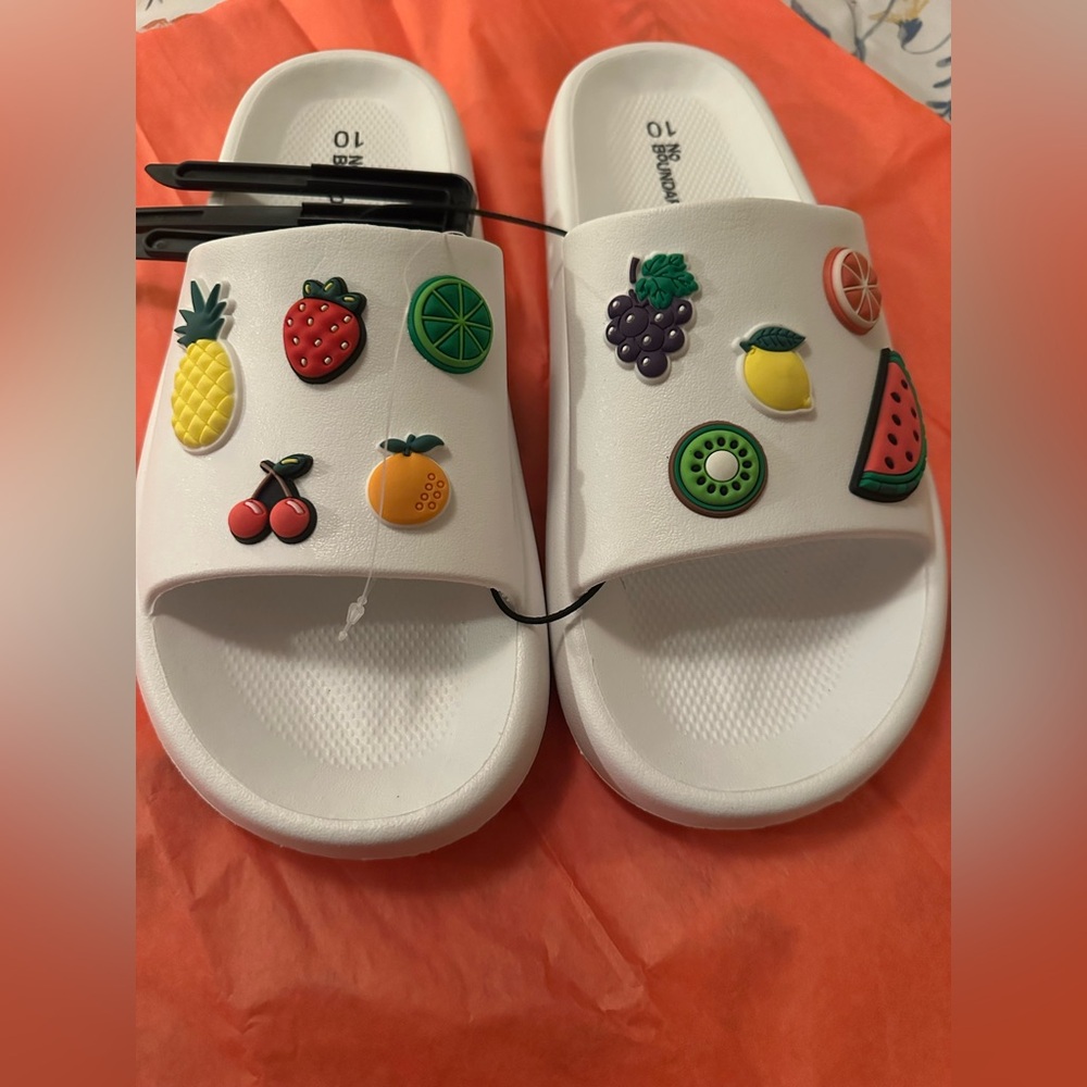 No Boundaries White Sandals with Fruit Embellishments